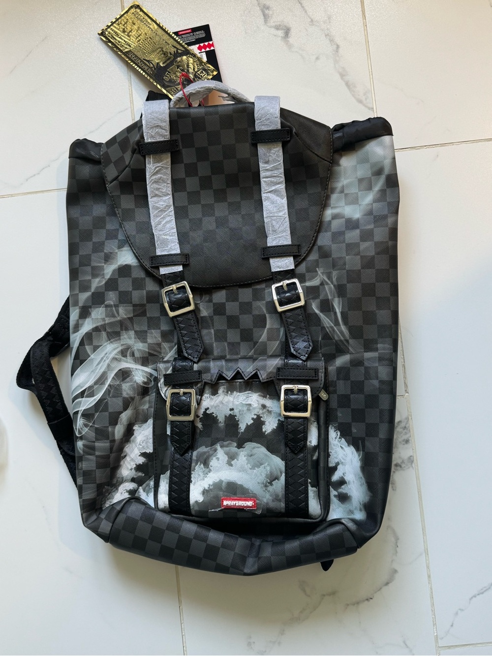 Men's Sprayground Black Checkered Backpack with Smoke Print